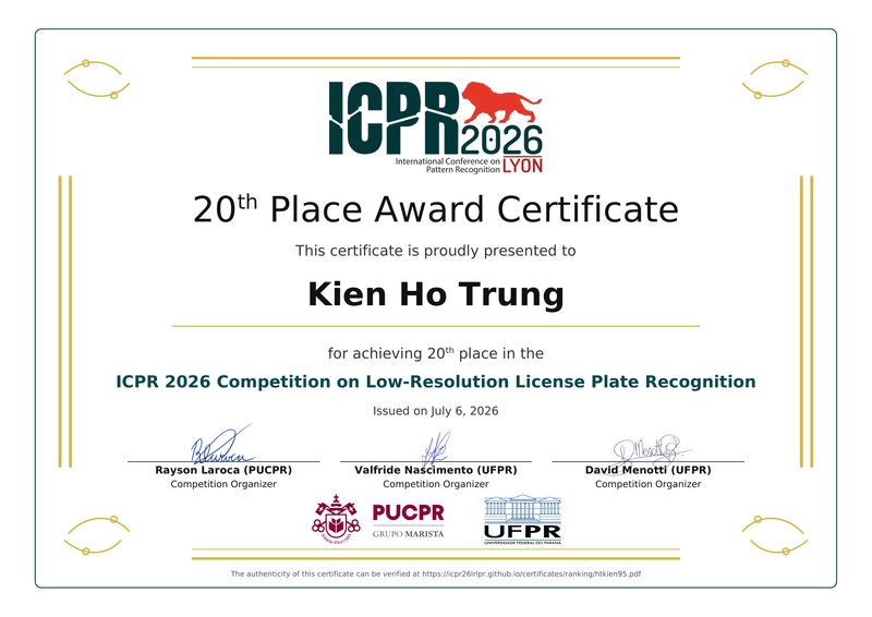 ICPR 2026 Top-20 ranking certificate