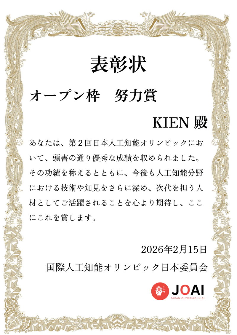 JOAI2026 Honorable Mention certificate